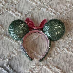 Disney Parks Mint Green Pink Bow Mickey Minnie Sequin Ears‎ Headband